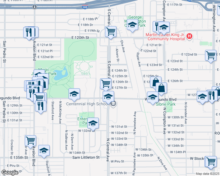 map of restaurants, bars, coffee shops, grocery stores, and more near 1202 East 126th Street in Los Angeles