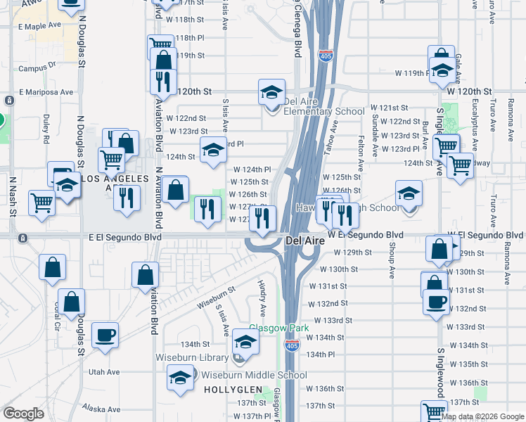 map of restaurants, bars, coffee shops, grocery stores, and more near 5309 West 127th Street in Hawthorne