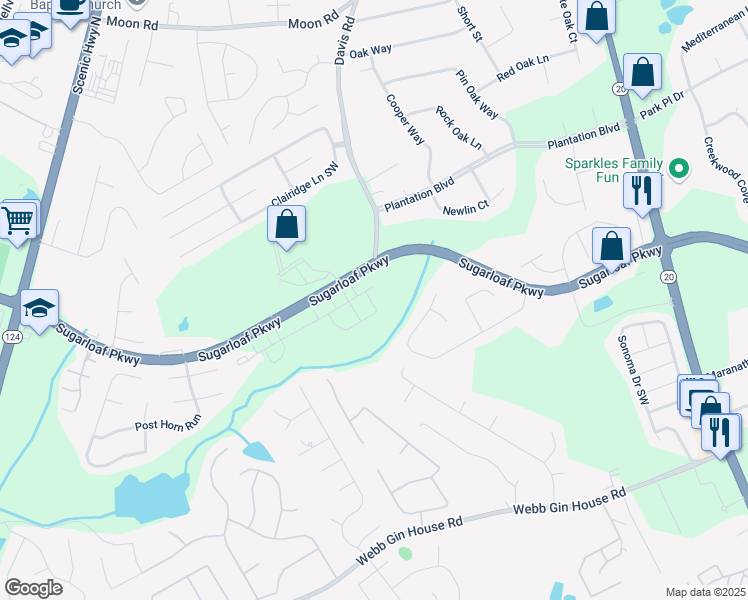 map of restaurants, bars, coffee shops, grocery stores, and more near 1315 Aura Trail in Lawrenceville