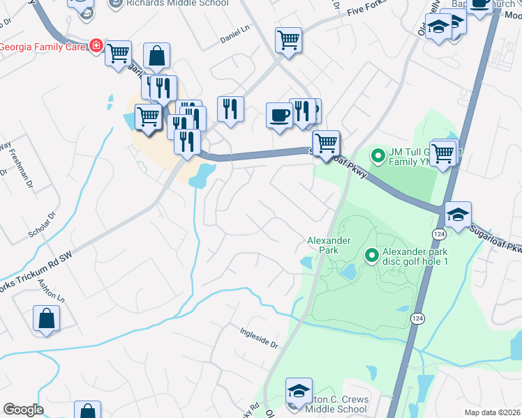 map of restaurants, bars, coffee shops, grocery stores, and more near 1199 Thorncliff Court in Lawrenceville
