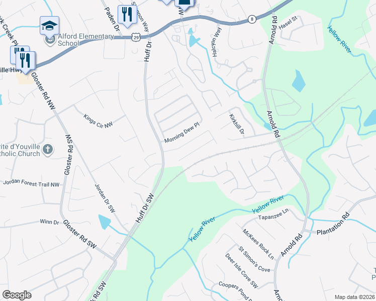 map of restaurants, bars, coffee shops, grocery stores, and more near 2417 Planters Cove Drive in Lawrenceville