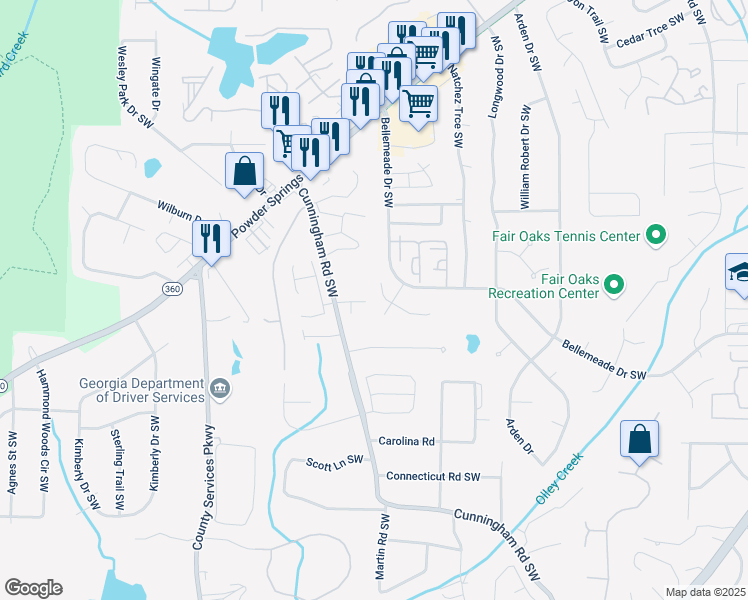 map of restaurants, bars, coffee shops, grocery stores, and more near 1426 Bellemeade Court Southwest in Marietta