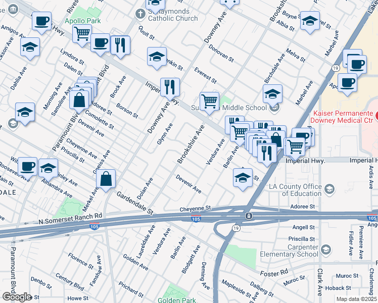 map of restaurants, bars, coffee shops, grocery stores, and more near 8502 Borson Street in Downey
