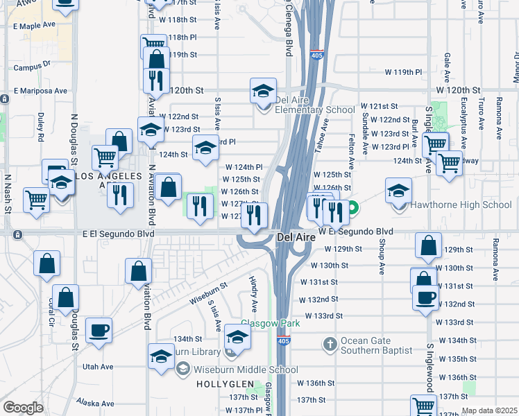 map of restaurants, bars, coffee shops, grocery stores, and more near 5254 West 127th Street in Hawthorne