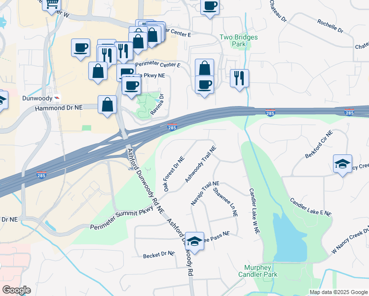 map of restaurants, bars, coffee shops, grocery stores, and more near 4218 Oak Forest Drive Northeast in Atlanta