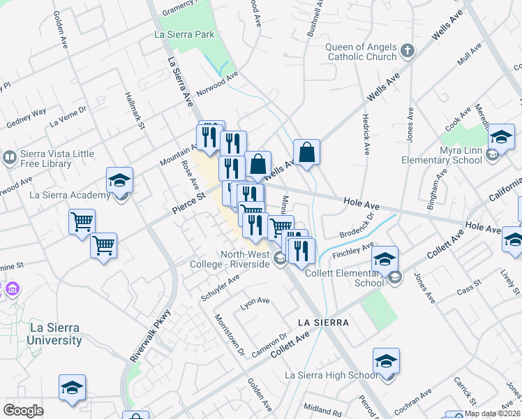 map of restaurants, bars, coffee shops, grocery stores, and more near 11050 Whitford Avenue in Riverside