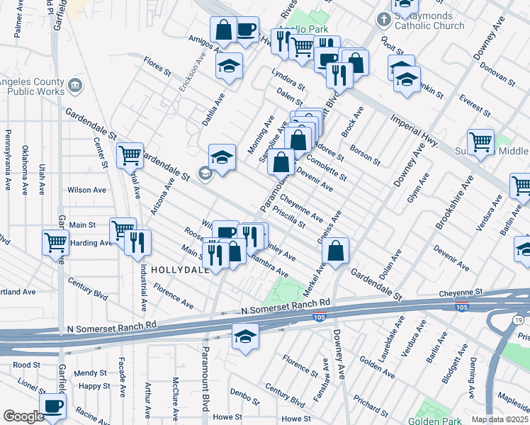 map of restaurants, bars, coffee shops, grocery stores, and more near 13028 Paramount Boulevard in Downey