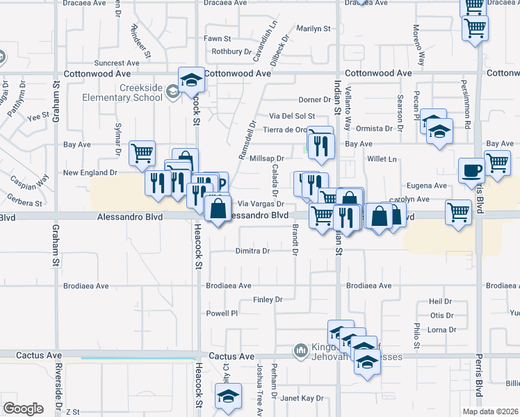 map of restaurants, bars, coffee shops, grocery stores, and more near 24227 Via Vargas Dr in Moreno Valley