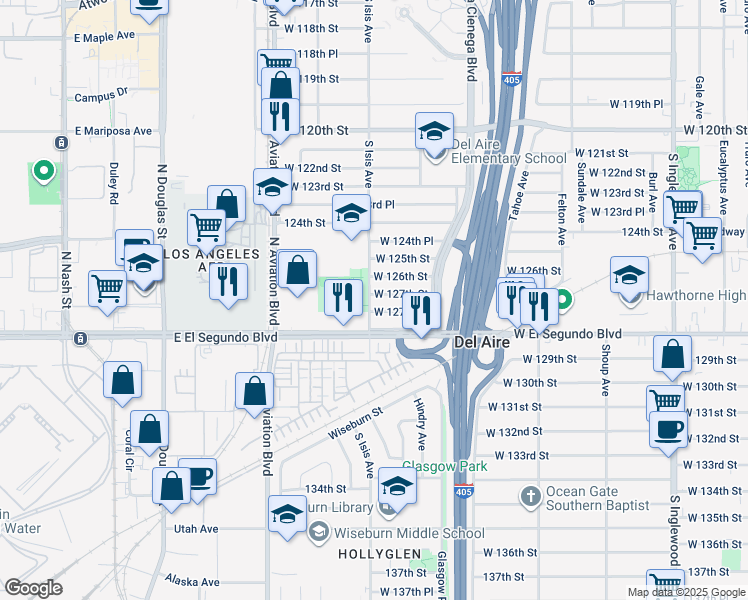 map of restaurants, bars, coffee shops, grocery stores, and more near 5360 West 127th Street in Hawthorne