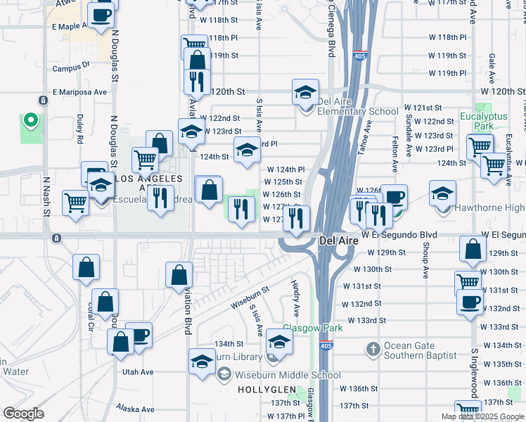 map of restaurants, bars, coffee shops, grocery stores, and more near 5360 West 127th Street in Hawthorne