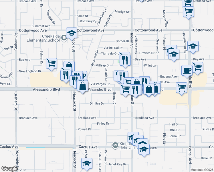 map of restaurants, bars, coffee shops, grocery stores, and more near 24298 Via Vargas Drive in Moreno Valley