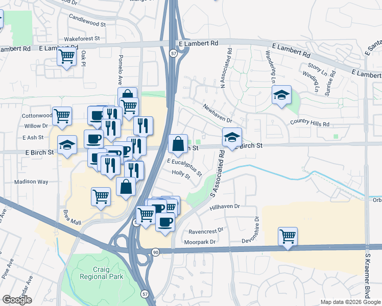 map of restaurants, bars, coffee shops, grocery stores, and more near None in Brea