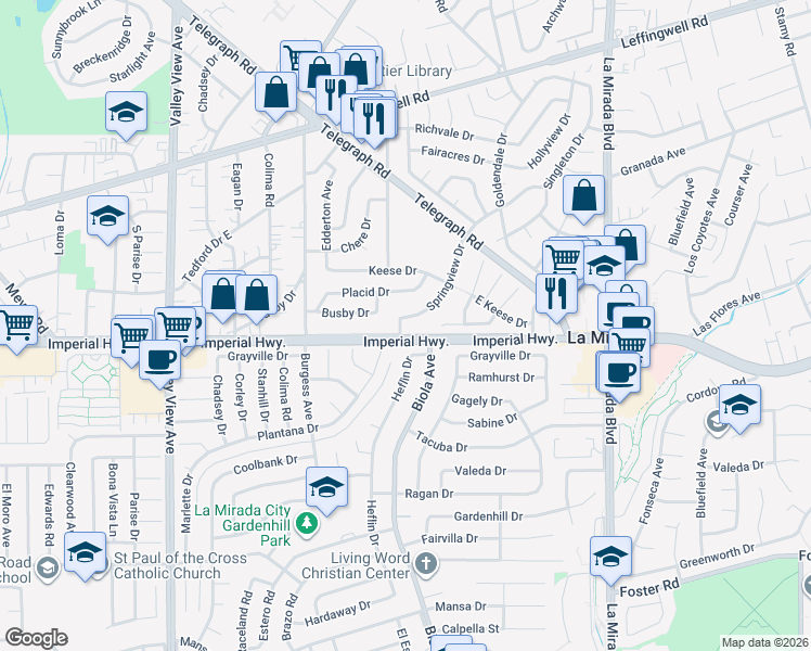 map of restaurants, bars, coffee shops, grocery stores, and more near 12327 Springview Drive in Whittier