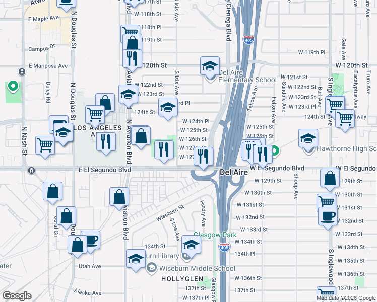 map of restaurants, bars, coffee shops, grocery stores, and more near 5355 West 127th Street in Hawthorne