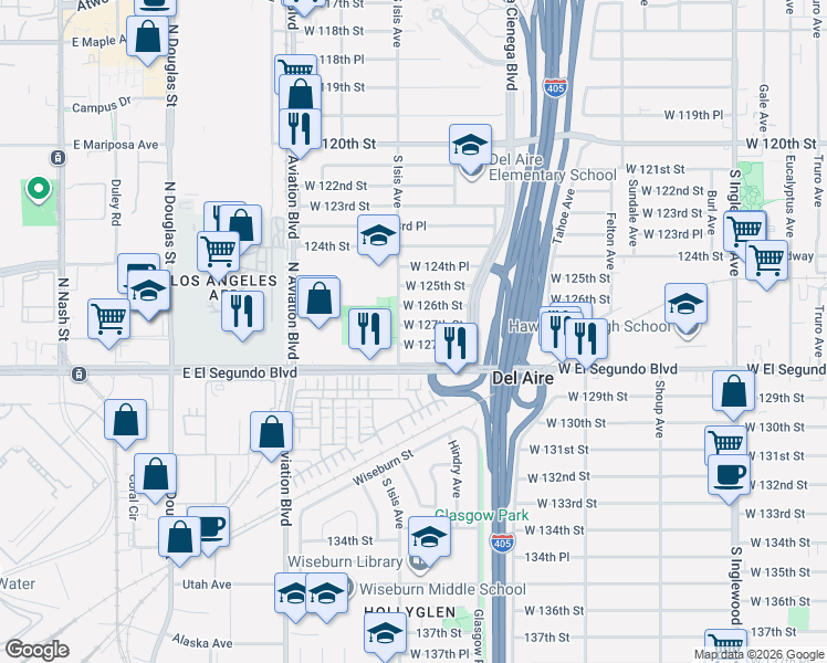 map of restaurants, bars, coffee shops, grocery stores, and more near 5355 West 127th Street in Hawthorne