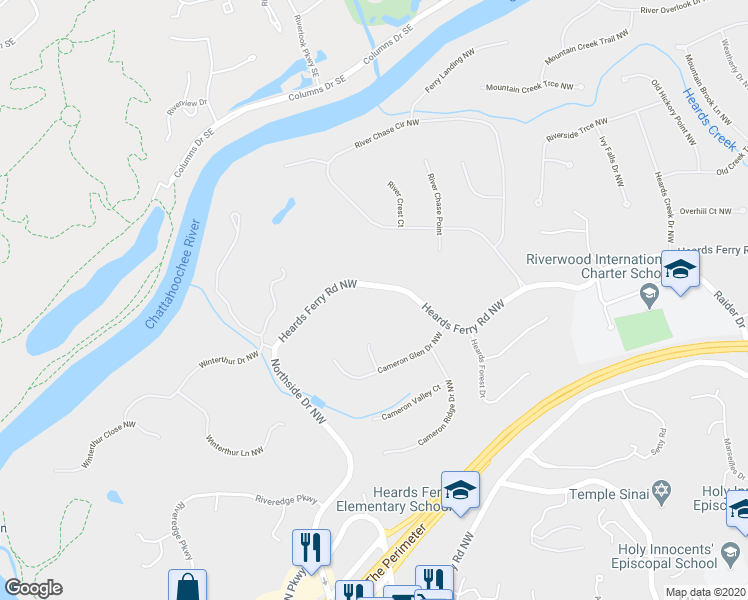 map of restaurants, bars, coffee shops, grocery stores, and more near 1260 Heards Ferry Road Northwest in Sandy Springs