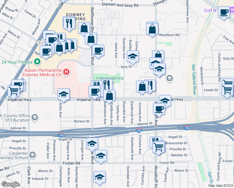map of restaurants, bars, coffee shops, grocery stores, and more near 9637 Imperial Highway in Downey