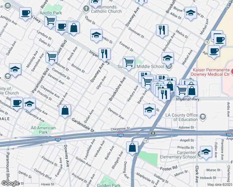 map of restaurants, bars, coffee shops, grocery stores, and more near 8502 Borson Street in Downey