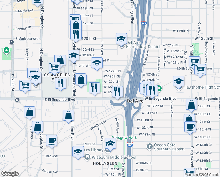 map of restaurants, bars, coffee shops, grocery stores, and more near 5330 West 127th Street in Hawthorne