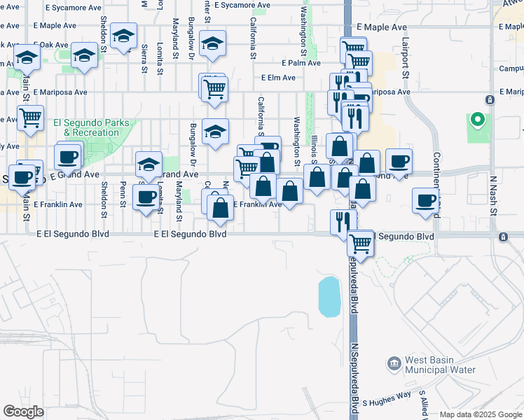 map of restaurants, bars, coffee shops, grocery stores, and more near 1401 East Franklin Avenue in El Segundo