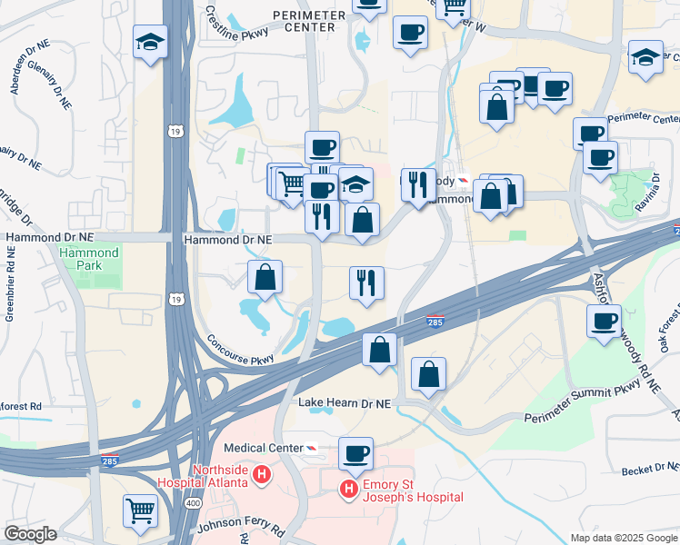 map of restaurants, bars, coffee shops, grocery stores, and more near 1155 Hammond Drive in Sandy Springs