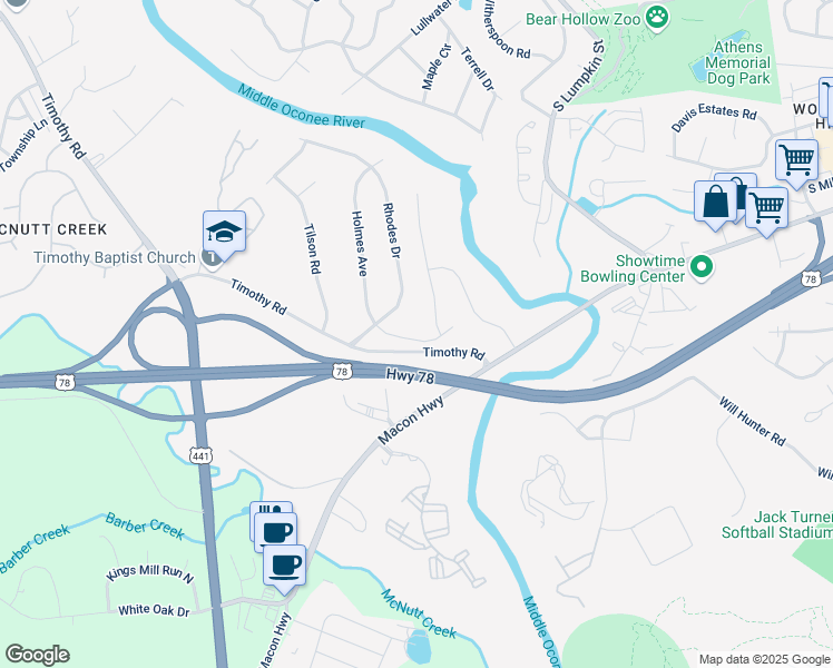 map of restaurants, bars, coffee shops, grocery stores, and more near 160 Holmes Avenue in Athens