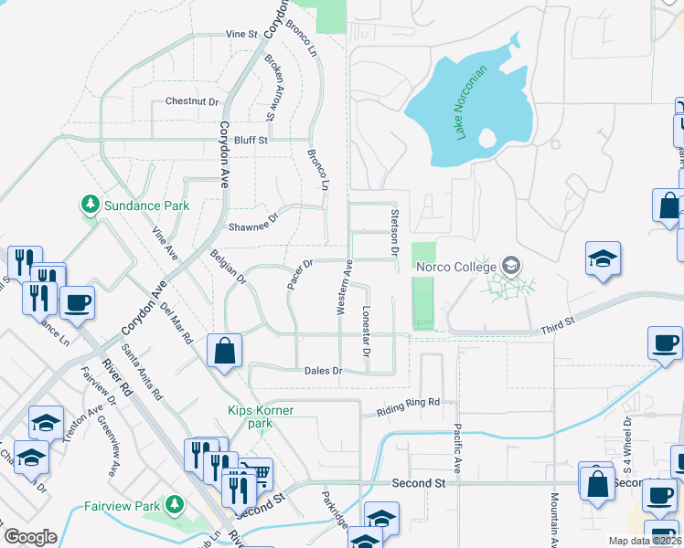 map of restaurants, bars, coffee shops, grocery stores, and more near 3178 Pacer Drive in Norco
