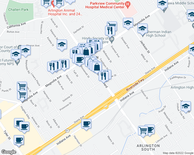 map of restaurants, bars, coffee shops, grocery stores, and more near 3688 Van Buren Boulevard in Riverside