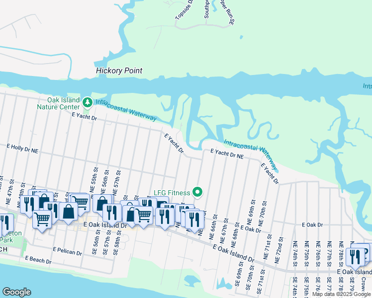 map of restaurants, bars, coffee shops, grocery stores, and more near 6202 East Yacht Drive in Oak Island