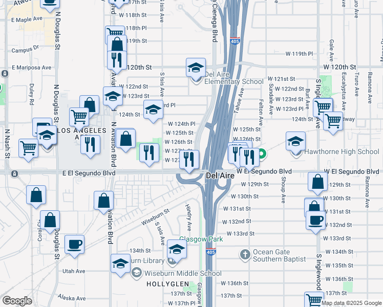 map of restaurants, bars, coffee shops, grocery stores, and more near 5254 West 127th Street in Hawthorne