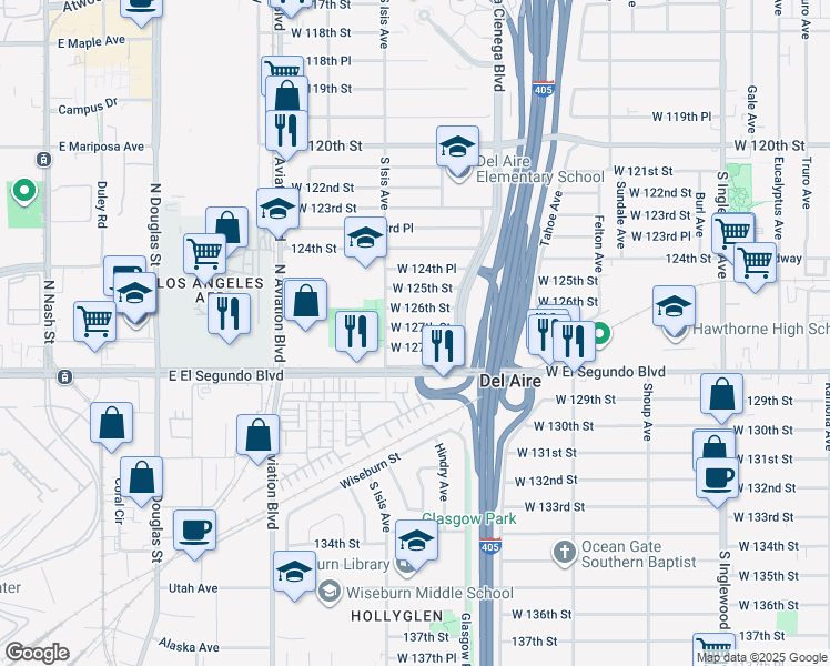 map of restaurants, bars, coffee shops, grocery stores, and more near 5330 West 127th Street in Hawthorne
