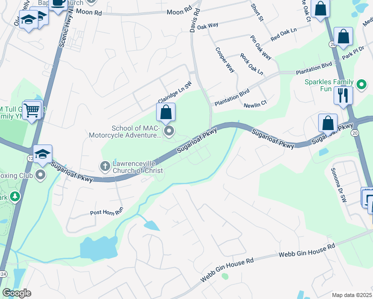 map of restaurants, bars, coffee shops, grocery stores, and more near 2396 Sugarloaf Parkway in Lawrenceville
