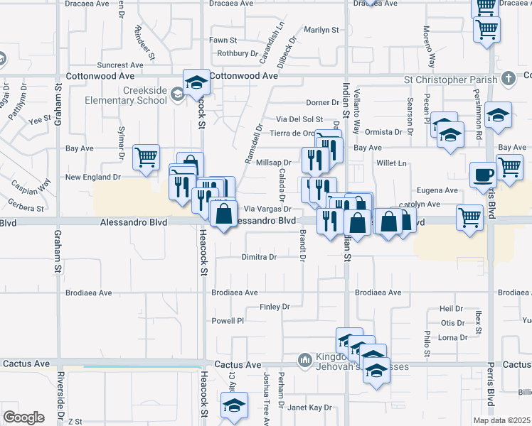 map of restaurants, bars, coffee shops, grocery stores, and more near 24227 Via Vargas Drive in Moreno Valley