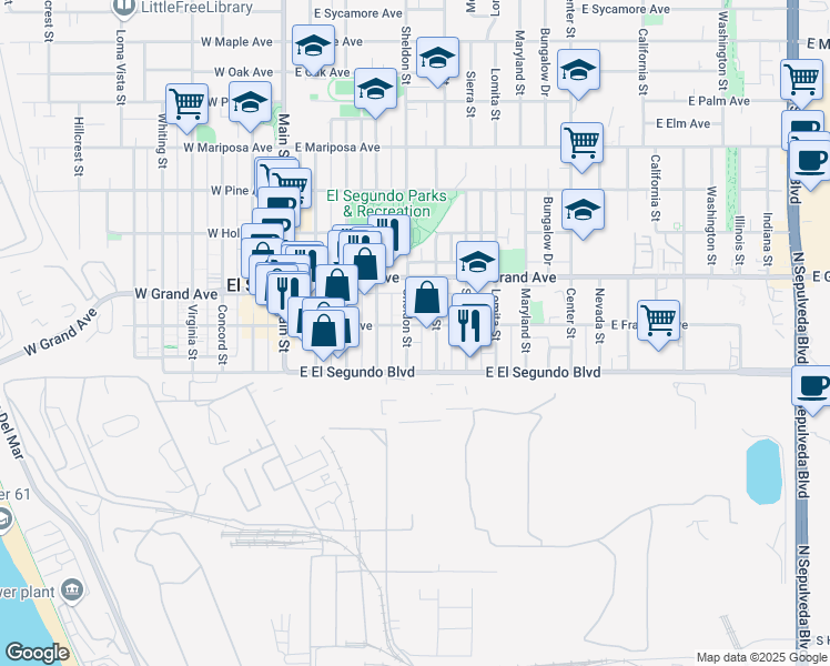 map of restaurants, bars, coffee shops, grocery stores, and more near 427 East Franklin Avenue in El Segundo