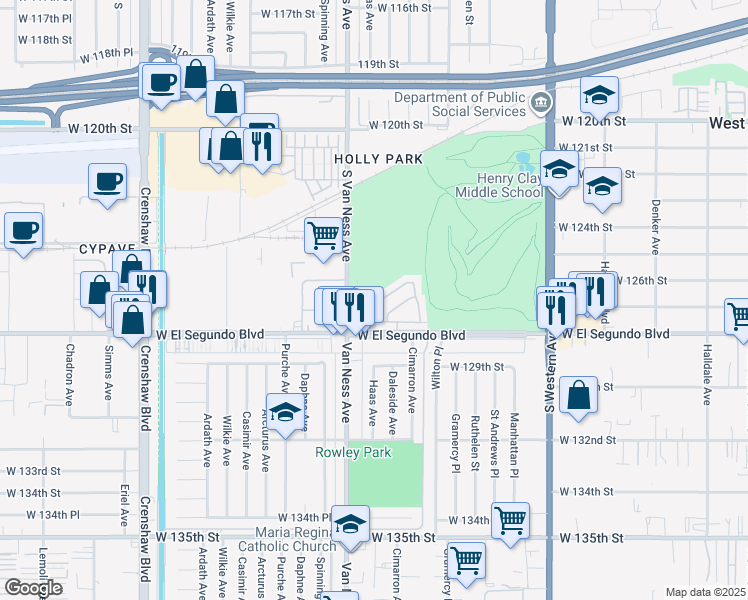 map of restaurants, bars, coffee shops, grocery stores, and more near 2145 Saint Augusta Lane in Hawthorne