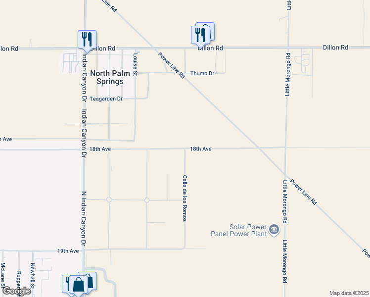 map of restaurants, bars, coffee shops, grocery stores, and more near 18th Avenue in Desert Hot Springs