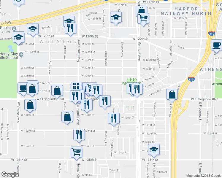 map of restaurants, bars, coffee shops, grocery stores, and more near 1149 West 127th Street in Los Angeles