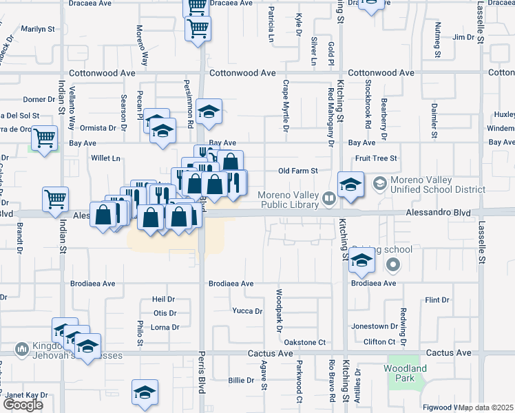 map of restaurants, bars, coffee shops, grocery stores, and more near 25183 Silver Arrow Drive in Moreno Valley