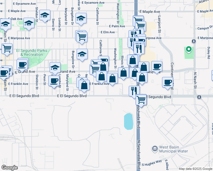 map of restaurants, bars, coffee shops, grocery stores, and more near 1401 East Franklin Avenue in El Segundo