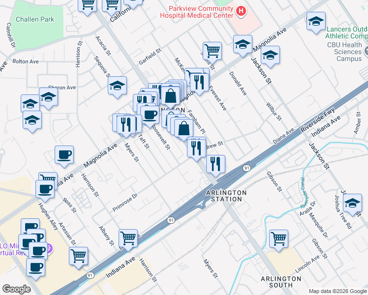 map of restaurants, bars, coffee shops, grocery stores, and more near 3644 Van Buren Boulevard in Riverside