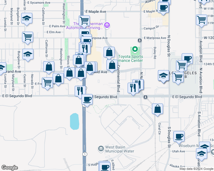 map of restaurants, bars, coffee shops, grocery stores, and more near 199 Continental Boulevard in El Segundo