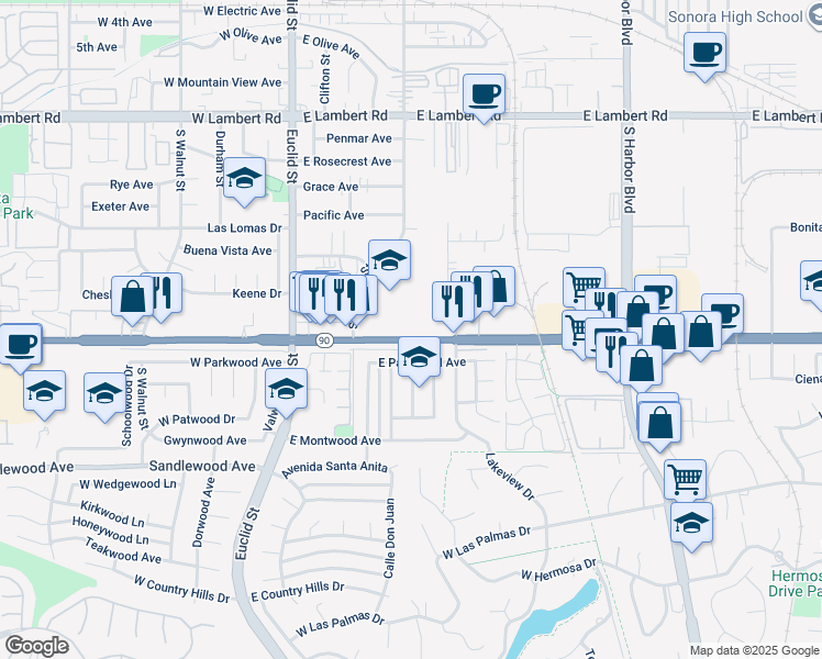 map of restaurants, bars, coffee shops, grocery stores, and more near 321 East Imperial Highway in La Habra