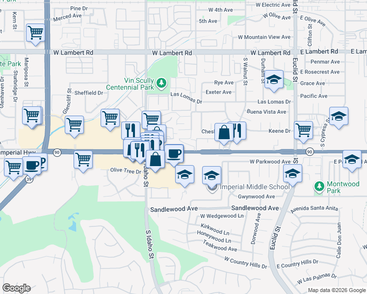 map of restaurants, bars, coffee shops, grocery stores, and more near 949 West Imperial Highway in Brea