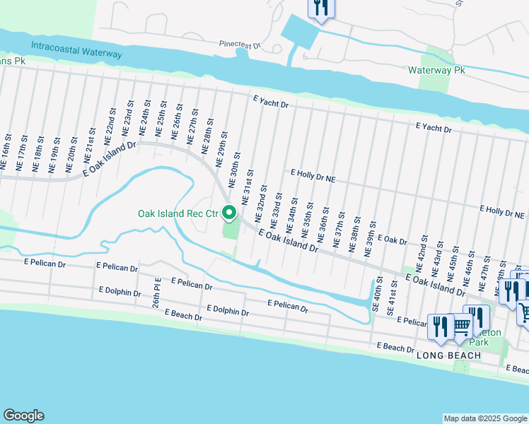 map of restaurants, bars, coffee shops, grocery stores, and more near 108 Northeast 32nd Street in Oak Island