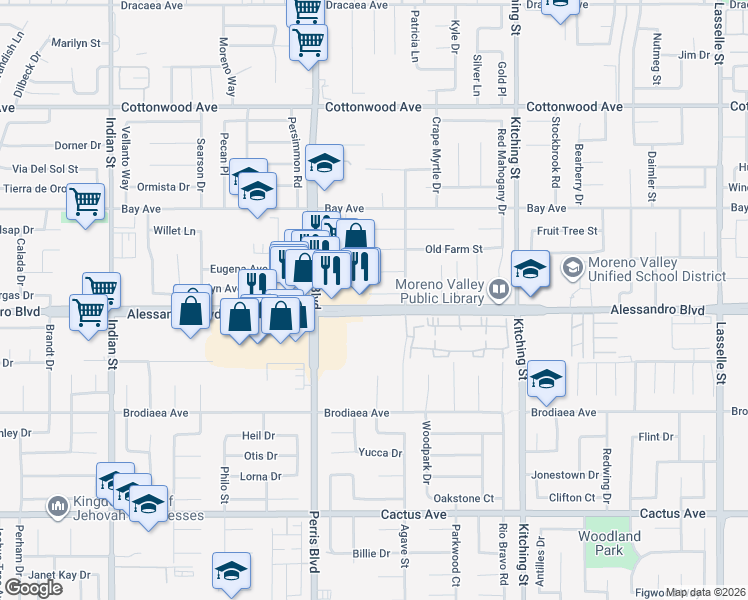 map of restaurants, bars, coffee shops, grocery stores, and more near 25147 Silver Arrow Drive in Moreno Valley