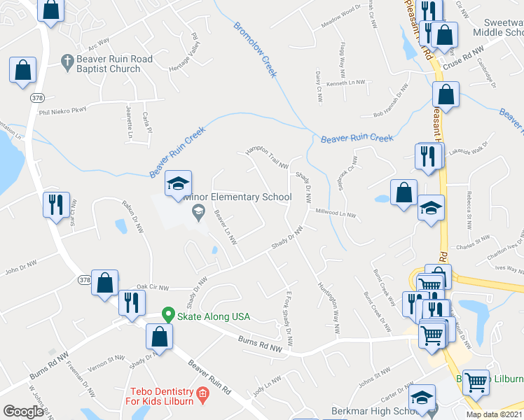 map of restaurants, bars, coffee shops, grocery stores, and more near 4031 Shady Circle Northwest in Lilburn
