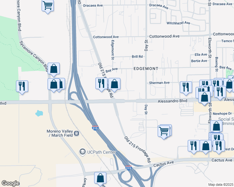 map of restaurants, bars, coffee shops, grocery stores, and more near 13960 Old 215 Frontage Road in Moreno Valley