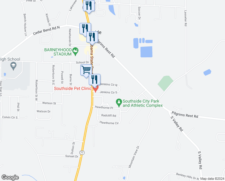 map of restaurants, bars, coffee shops, grocery stores, and more near 3166 Jenkins Circle South in Southside