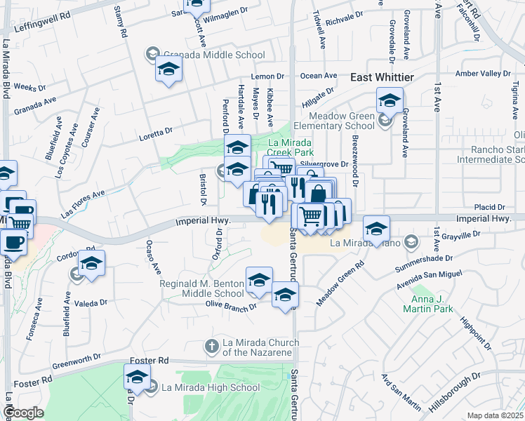 map of restaurants, bars, coffee shops, grocery stores, and more near 15707 East Imperial Highway in La Mirada