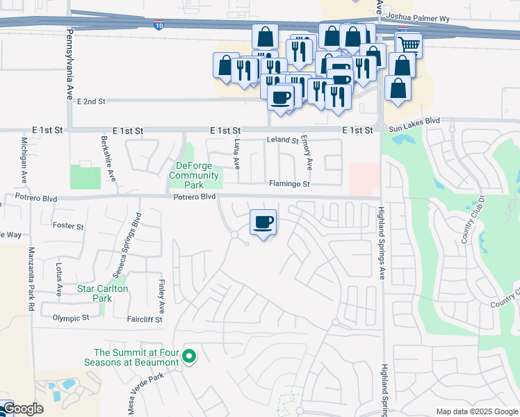 map of restaurants, bars, coffee shops, grocery stores, and more near 106 Blackberry Creek in Beaumont